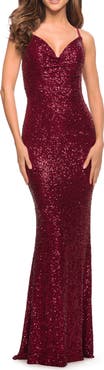 La Femme Soft Sequin Long Gown with Lace Up Back