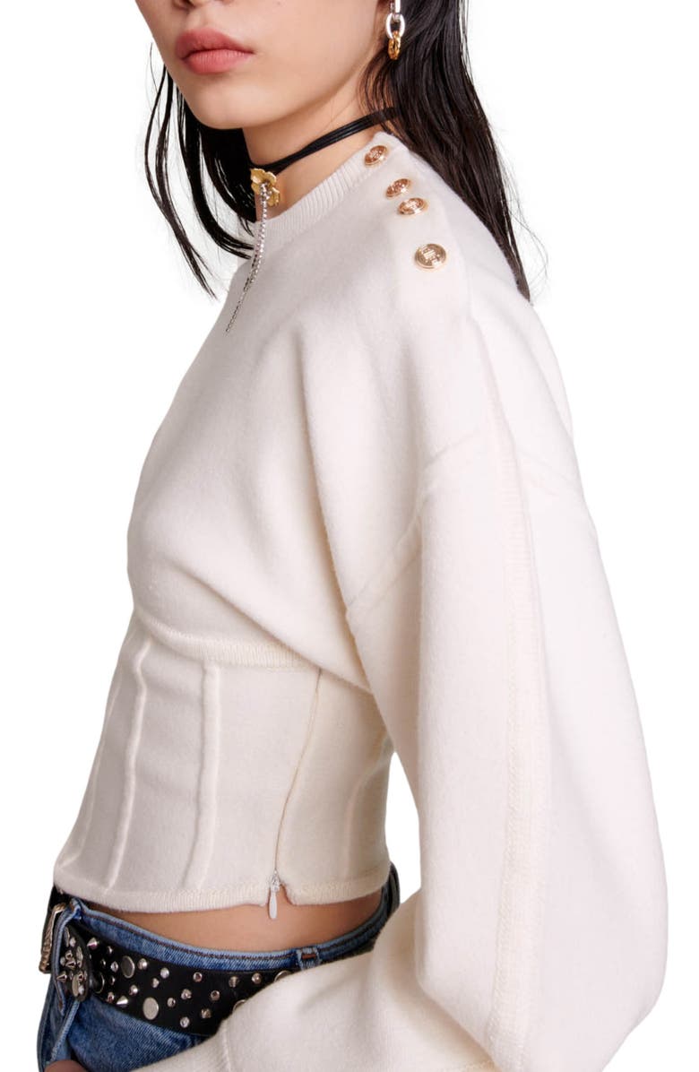 maje Crop Lantern Sleeve Corset Detail Sweater, Alternate, color,