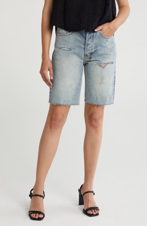 Brooklyn Ripped Denim Bermuda Shorts (Denim)