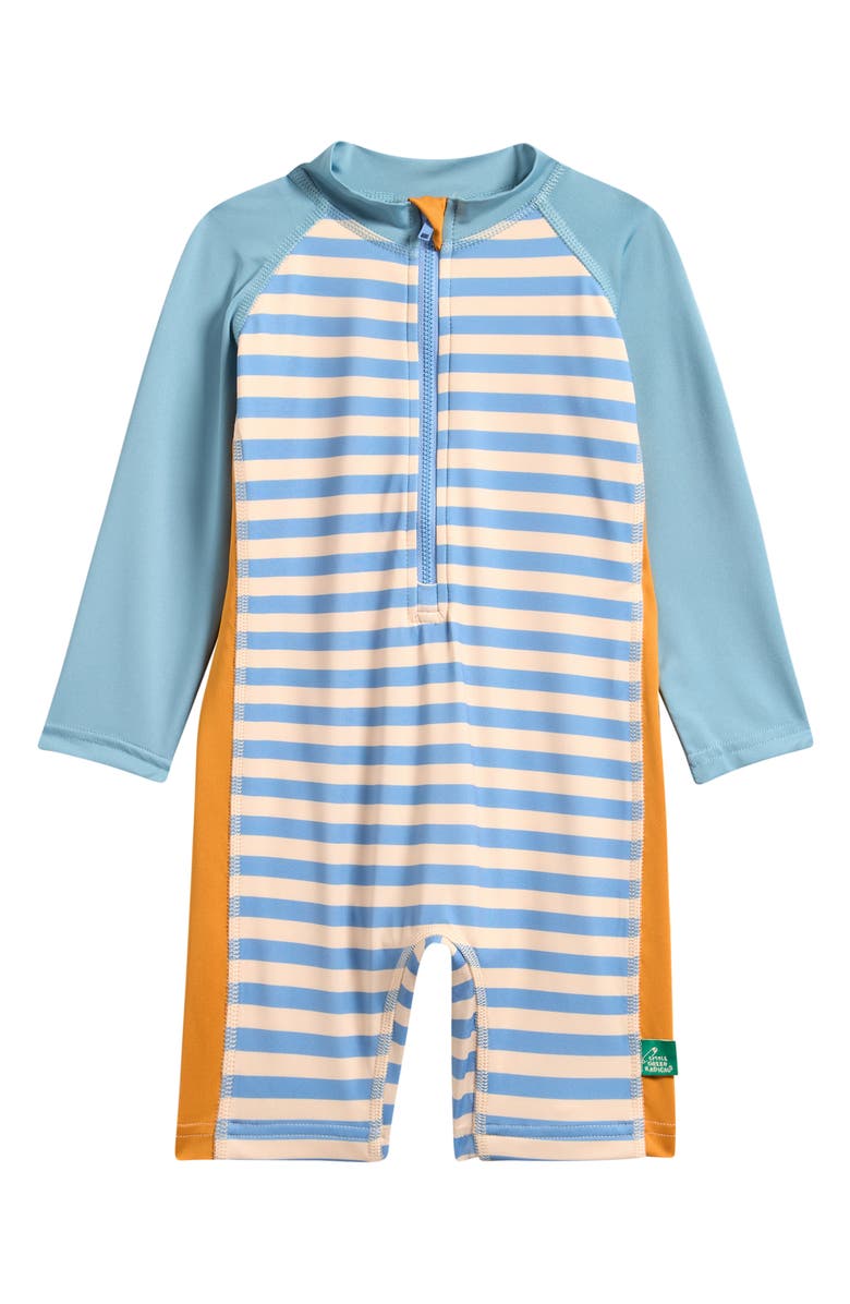 Little Green Radicals Kids' Stripe Colorblock Long Sleeve One-Piece Rashguard Swimsuit, Main, color, Blue