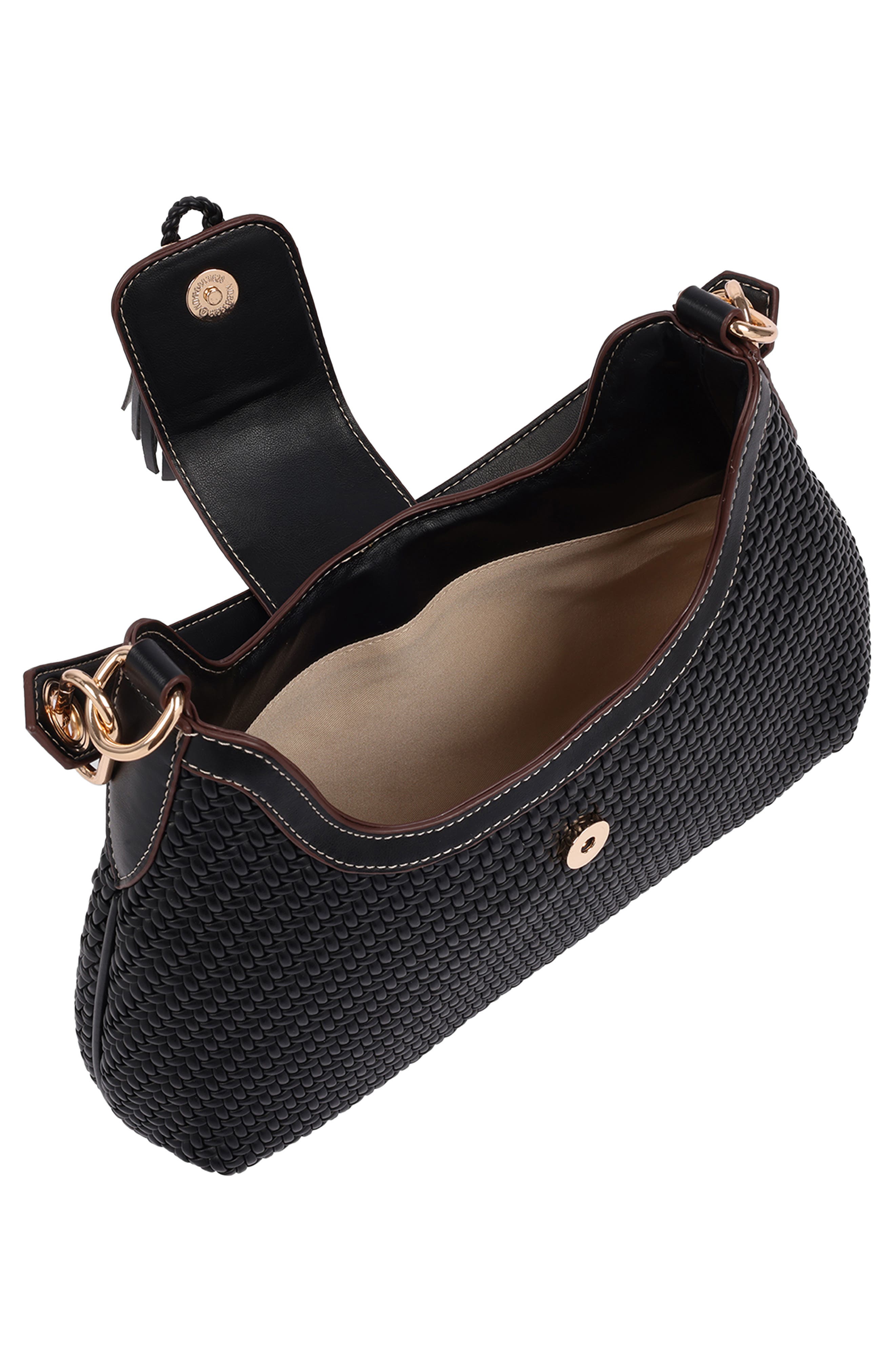 Tassel Tab Woven Faux Leather Hobo, Alternate, color, BLACK