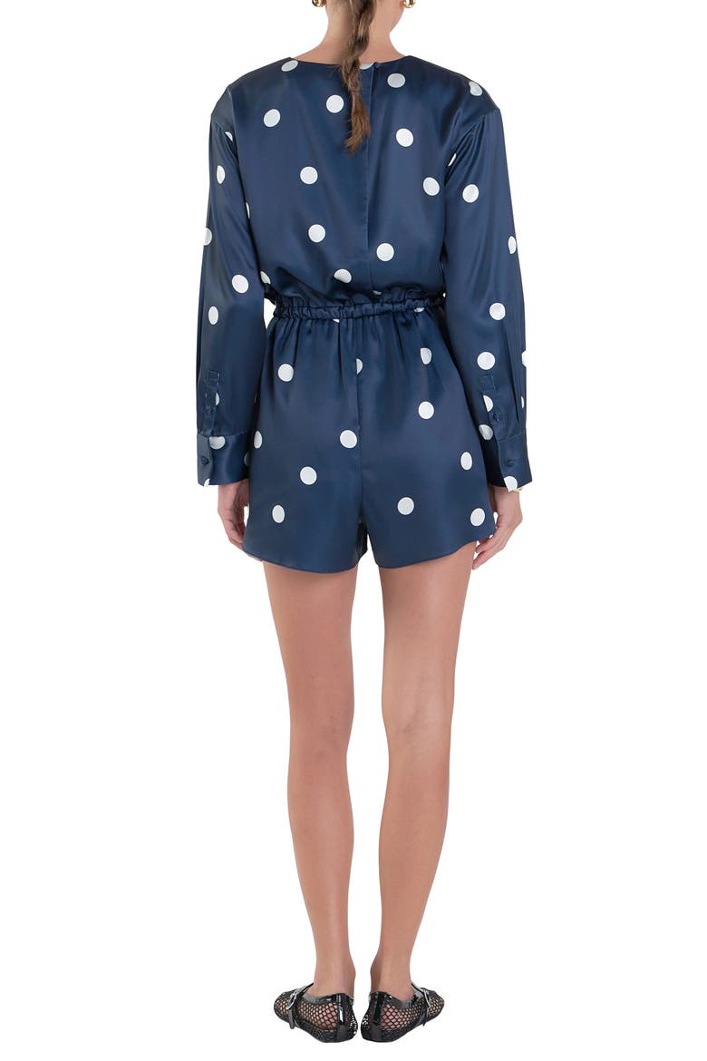 Polka Dot Long Sleeve Satin Romper, Alternate, color, DARK NAVY/ OFF WHITE