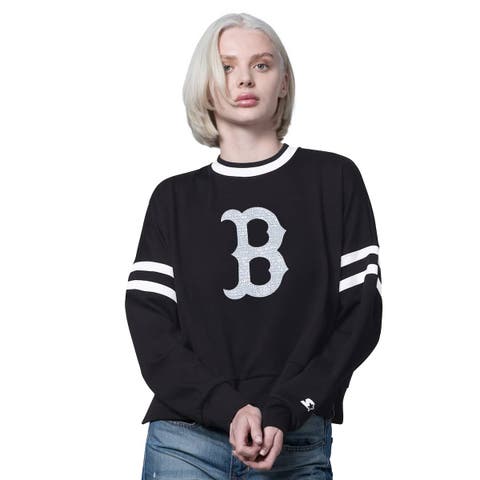 Women's Starter Black Boston Red Sox Rally Cropped Drop Shoulder Crewneck Sweatshirt