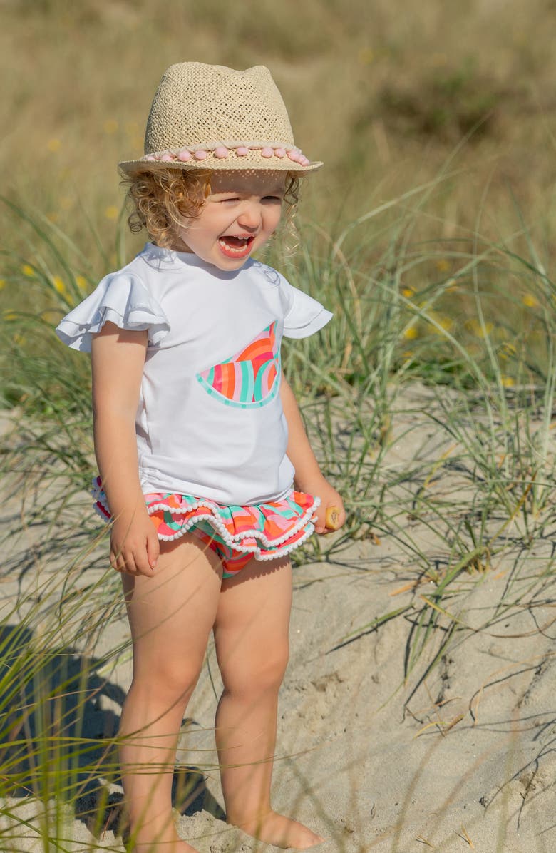 Snapper Rock Geo Melon Flutter Sleeve Two-Piece Rashguard Swimsuit, Alternate, color, 