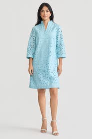 Ming Wang Lined Embroidered Stitch Woven Midi Dress