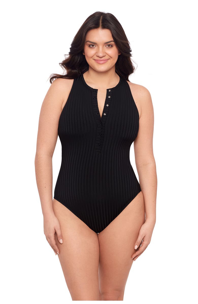S3 Ribbed High Neck Snap Front One Piece Swimsuit, Main, color, Onyx Black