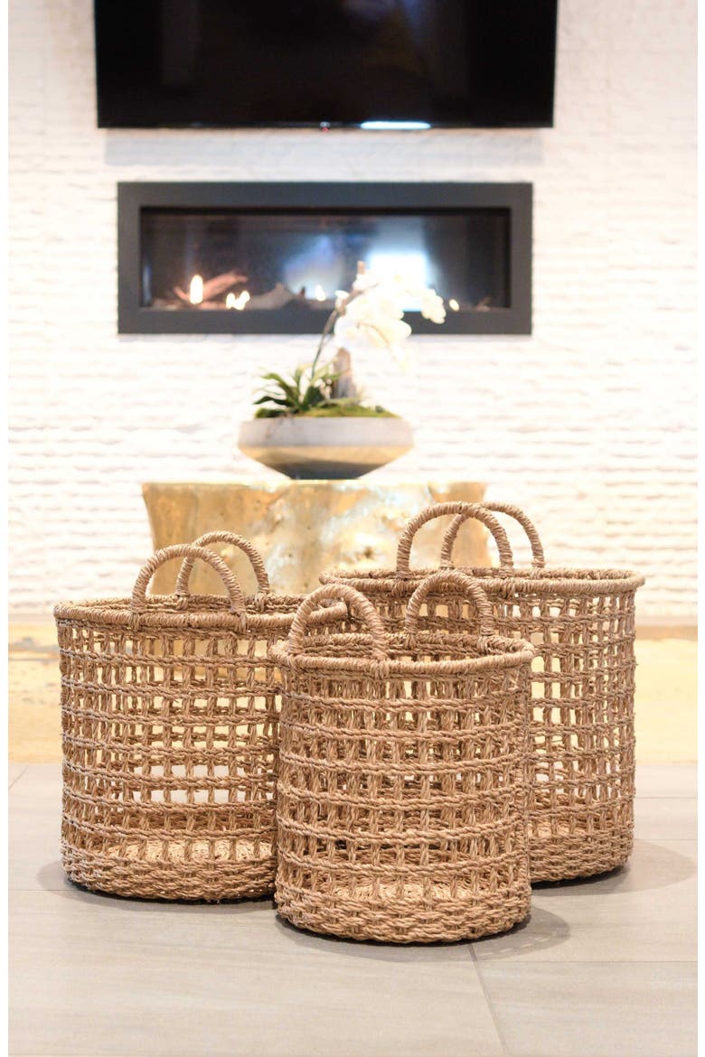 Open Weave Cylinder Basket with Handles, Set of 3, Alternate, color, Natural