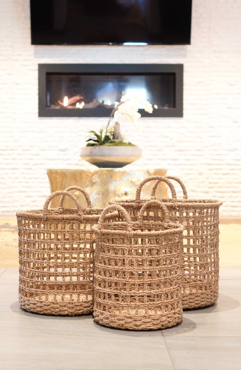 LIKHA Open Weave Cylinder Basket with Handles, Set of 3, Alternate, color, Natural