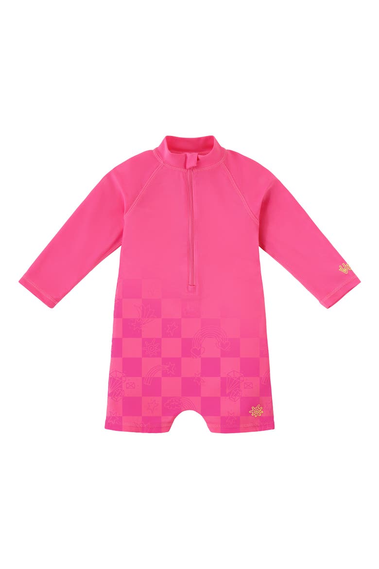 Long Sleeve Swim Romper, Alternate, color, Neon Checkers