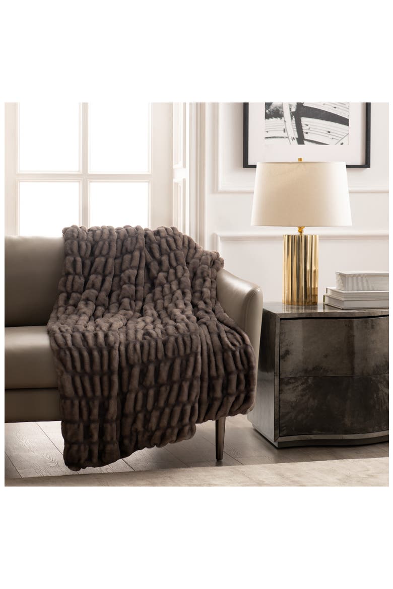 Ruched Faux Fur Throw Blanket, Alternate, color, BROWN