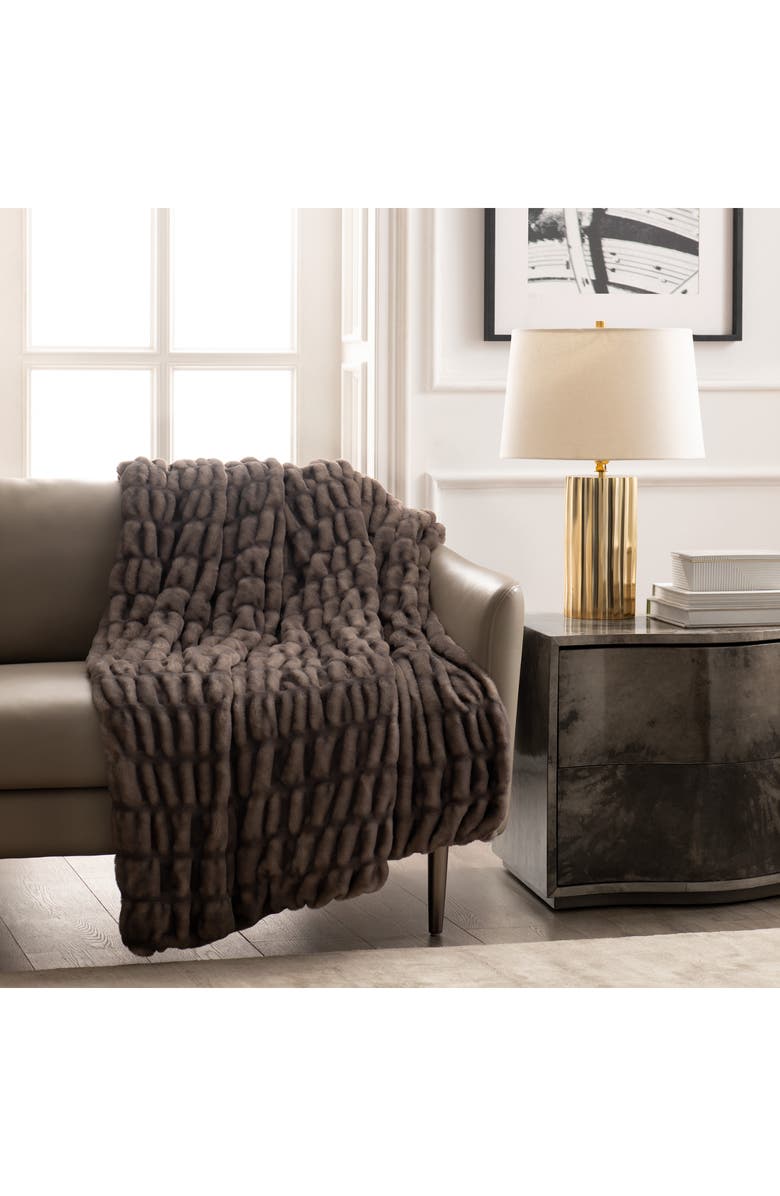 KARL LAGERFELD Ruched Faux Fur Throw Blanket, Alternate, color, Brown