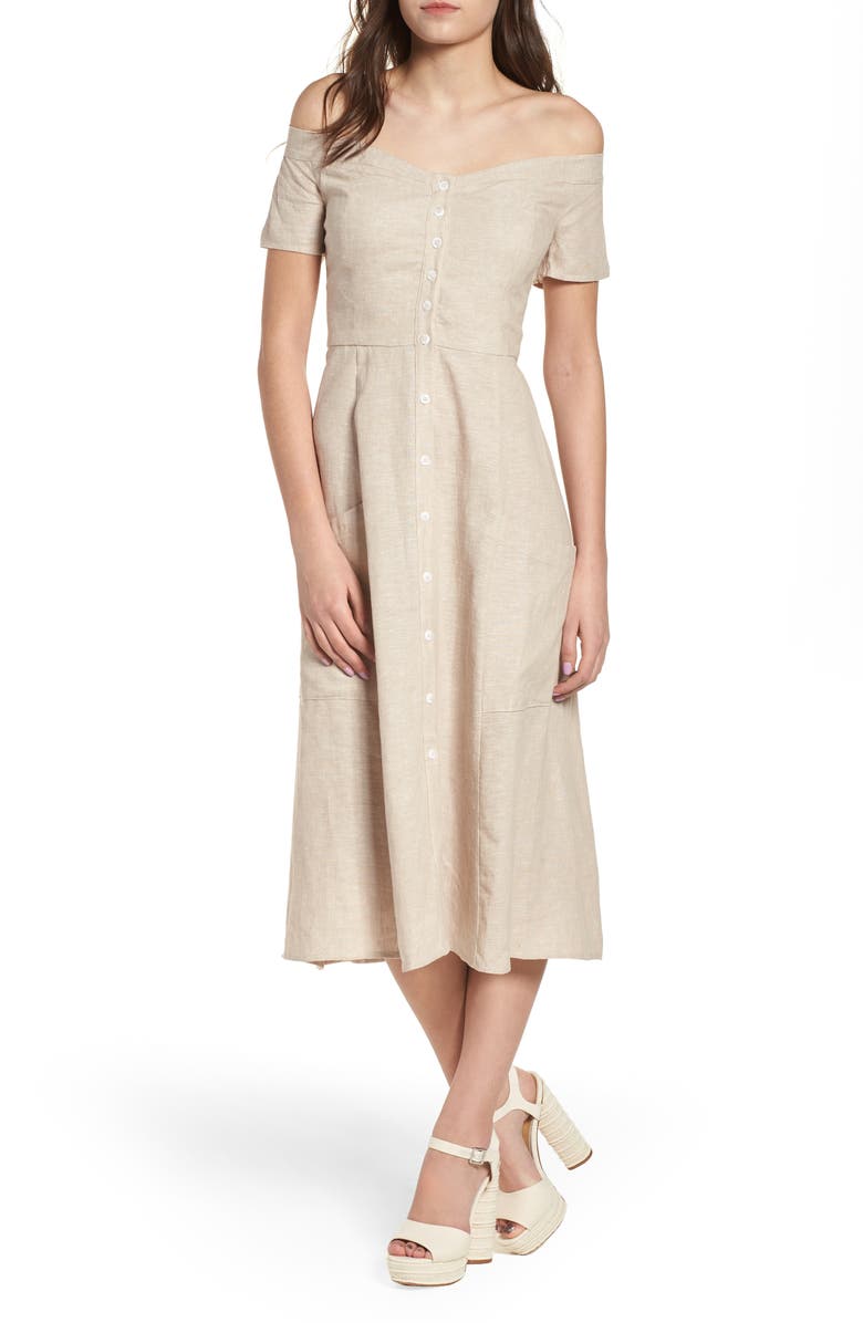 WAYF Perry Linen Blend Midi Dress, Main, color, 