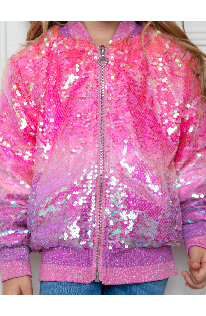 Mia Belle Girls Starlight Sparkle Iridescent Sequin Bomber Jacket, Alternate, color, Pink