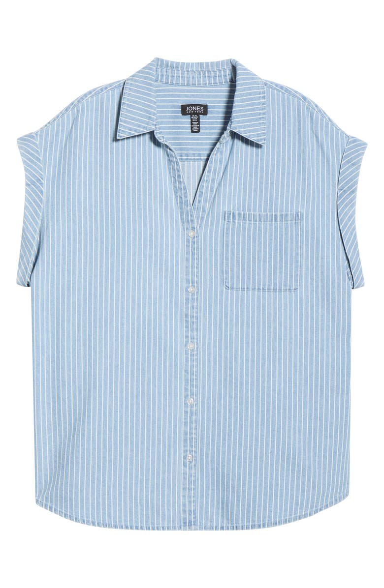 Jones New York Stripe Cotton Button-Up Shirt, Alternate, color, Medium Wash / White