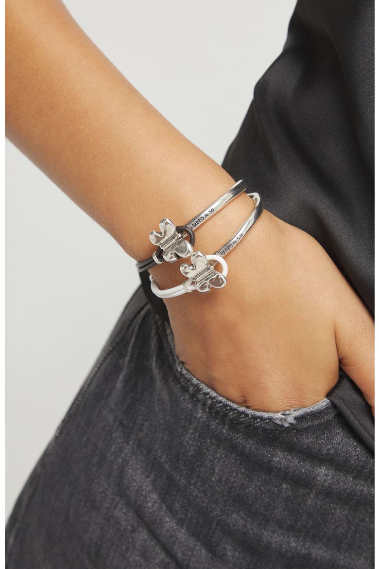 Silver-Tone Butterfly Leather Bracelet, Alternate, color, White