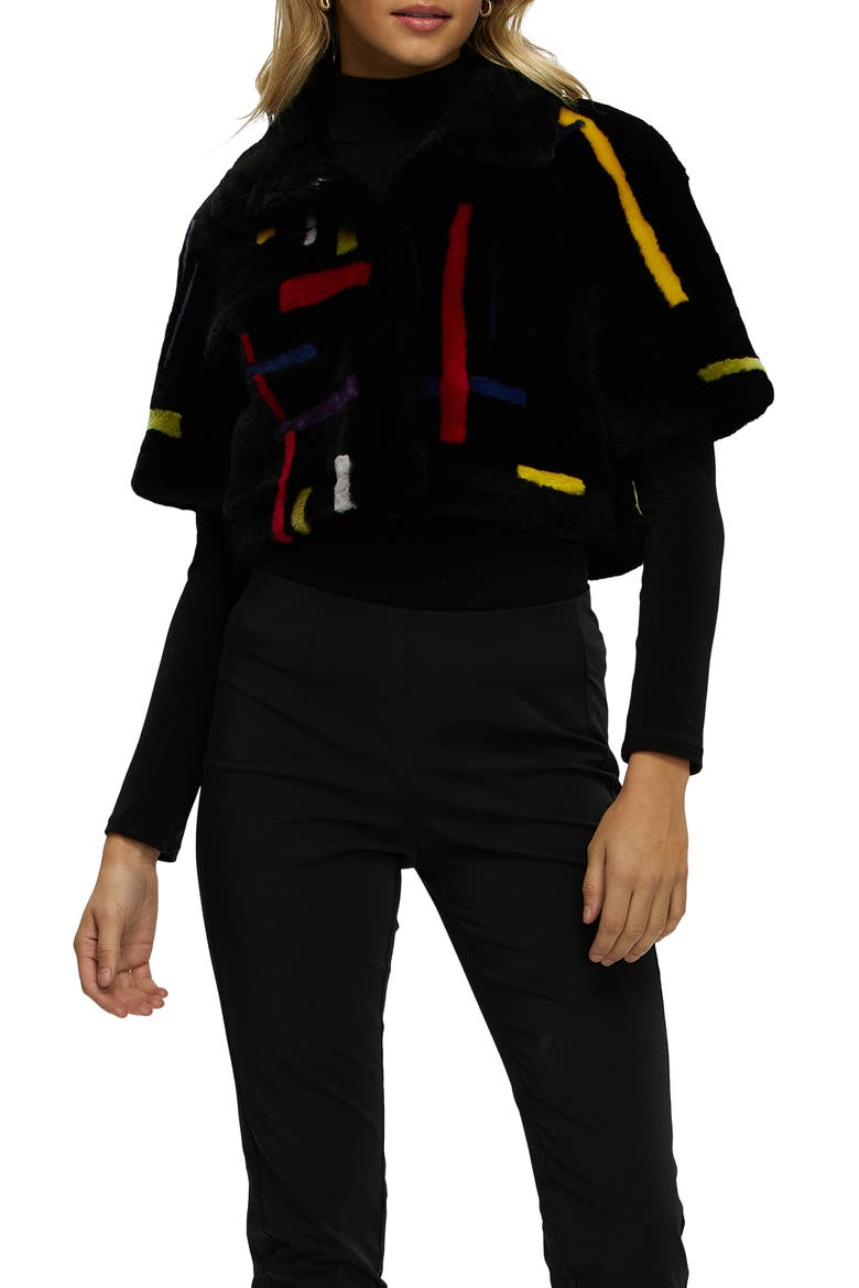Reversible Genuine Shearling Intarsia Bolero with Cropped Sleeves, Main, color, BLACK/MULTI INTARSIA