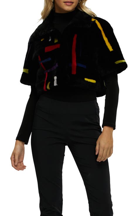 Reversible Genuine Shearling Intarsia Bolero with Cropped Sleeves