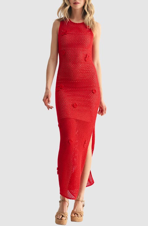 Open Stitch Flower Appliqué Column Dress