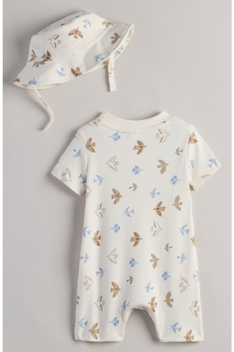 Print Romper & Hat Set, Alternate, color, IVORY- TAN HEART BIRDS