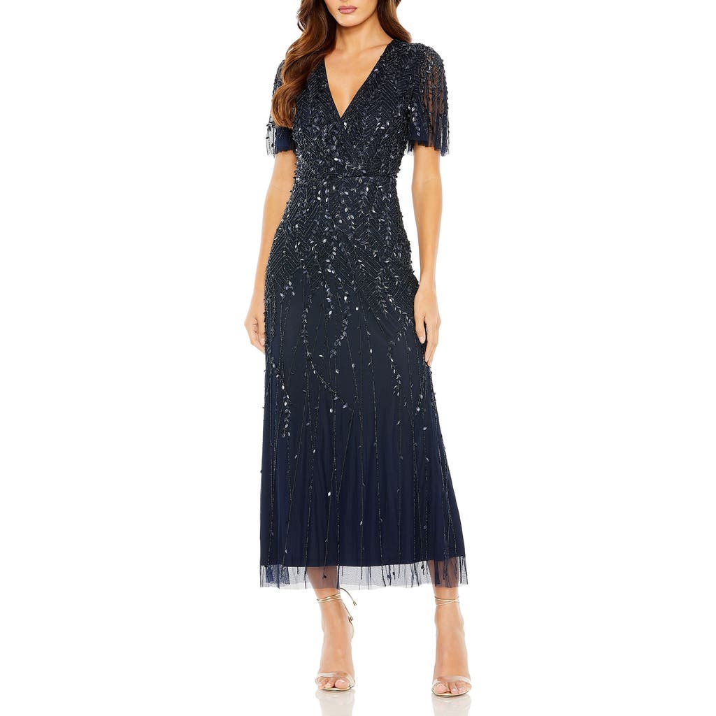 Mac Duggal Beaded Wrap Over Butterfly Sleeve Column Dress