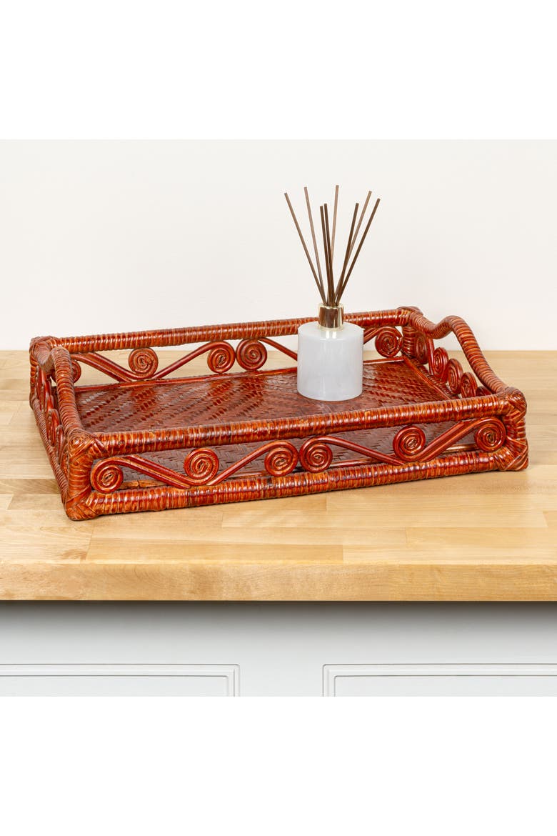 Baron Handcrafted Rattan/Wood Webbing Rectangular Woven Scroll Decorative Serving Tray with Handles, Alternate, color, Auburn