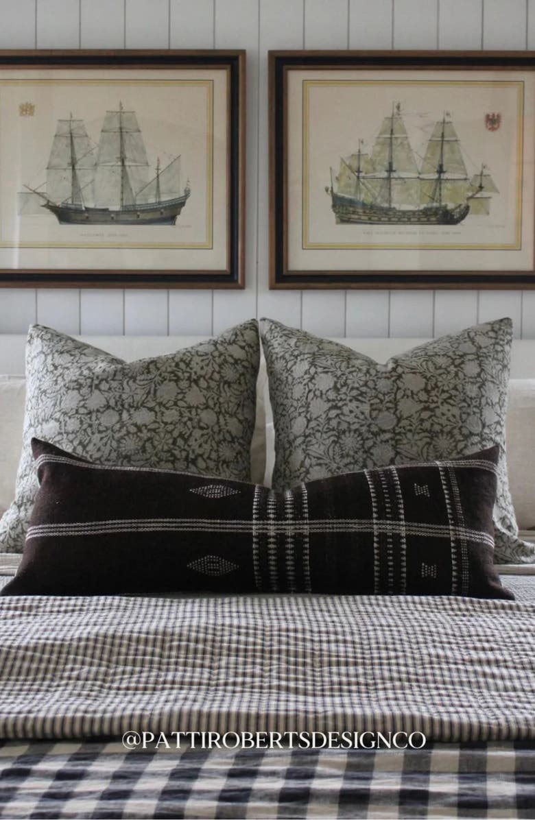 Linen & James Sienna Dark Olive Floral Handblock Pillow Cover, Alternate, color, Dark Olive