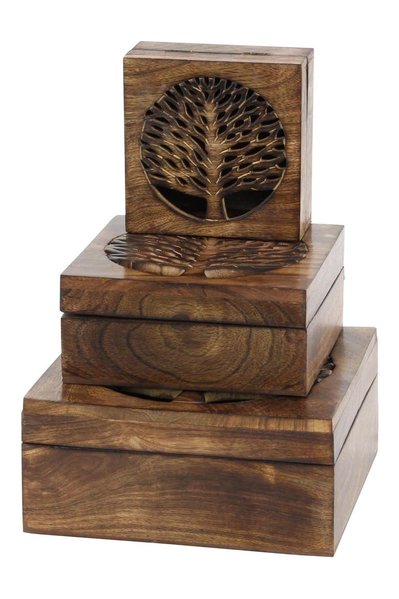 Handmade Wood Tree Set of 3 Storage Boxes, Main, color, BROWN