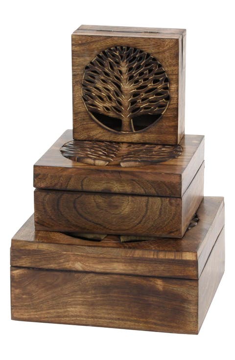 Handmade Wood Tree Set of 3 Storage Boxes