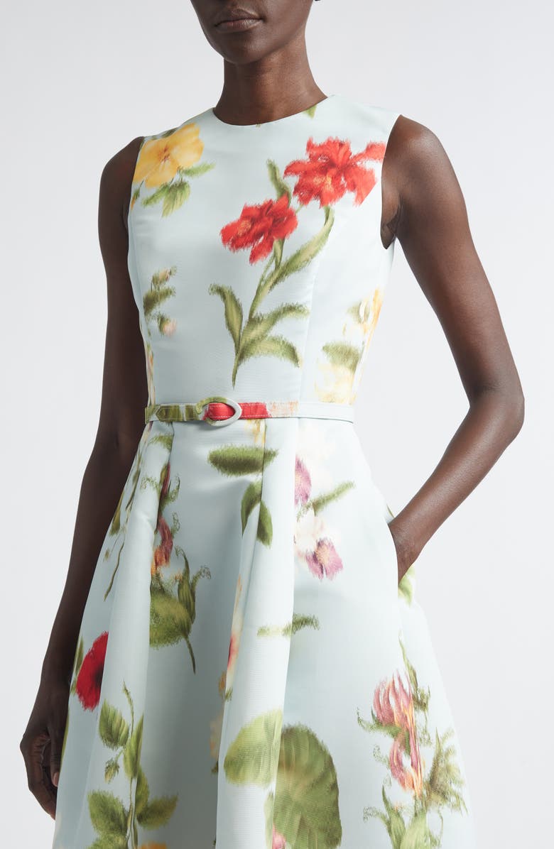 Oscar de la Renta Chiné Dominican Floral Faille Midi Dress, Alternate, color, Saltwater Multi