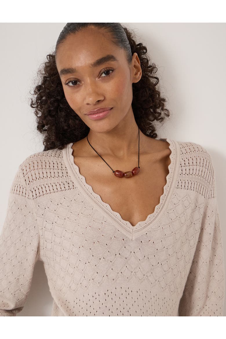 Pointelle Cotton V-Neck Sweater, Alternate, color, Stone White