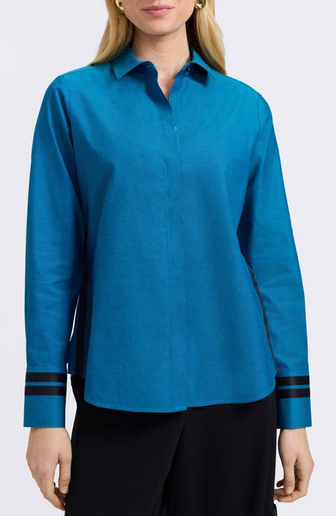 Brooke Grosgrain Trim Cotton Button-Up Shirt