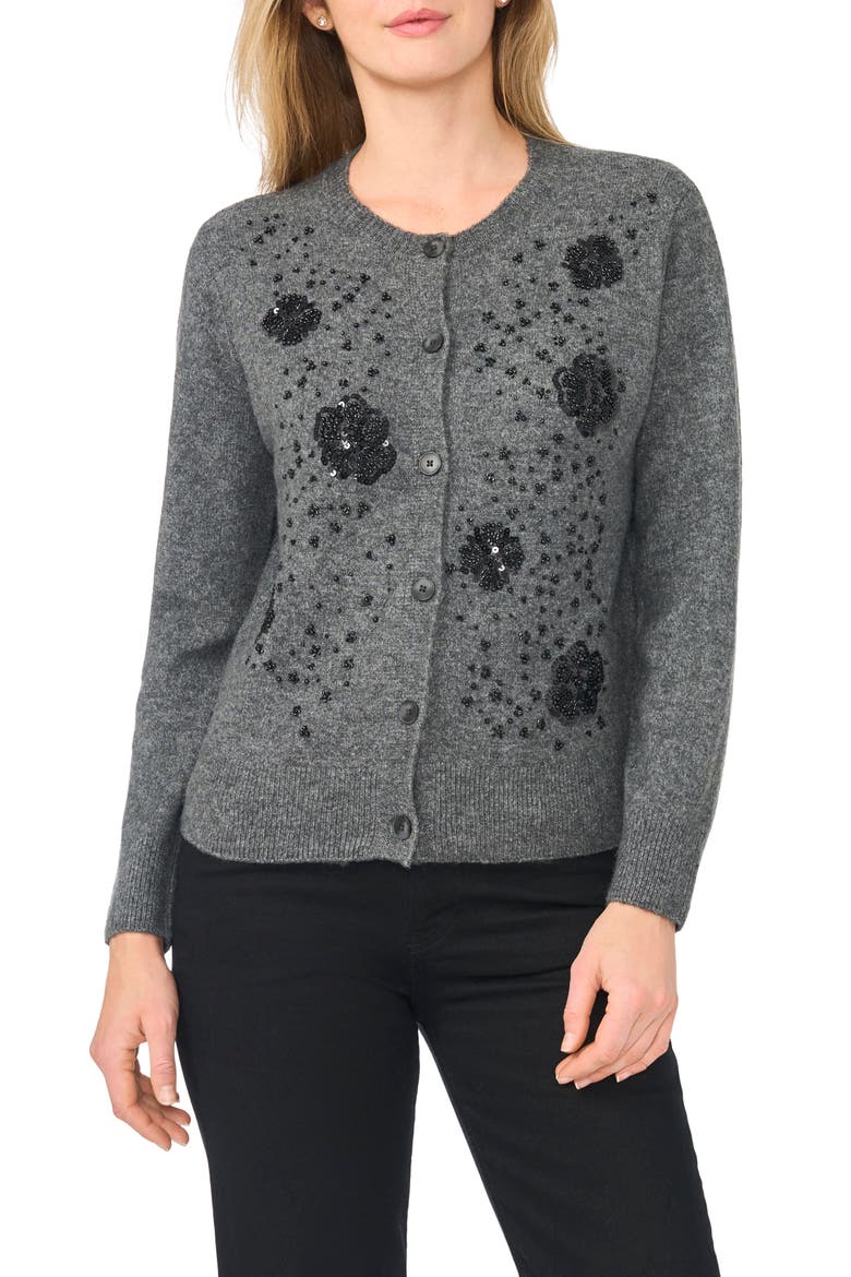 Floral Embellished Cardigan, Main, color, MEDIUM HEATHER GREY