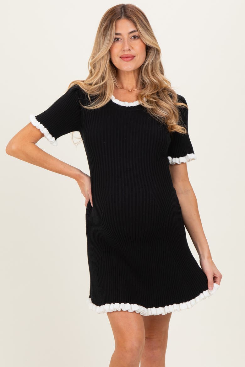 Ribbed Knit Ruffle Trim Mini Dress, Alternate, color, Black