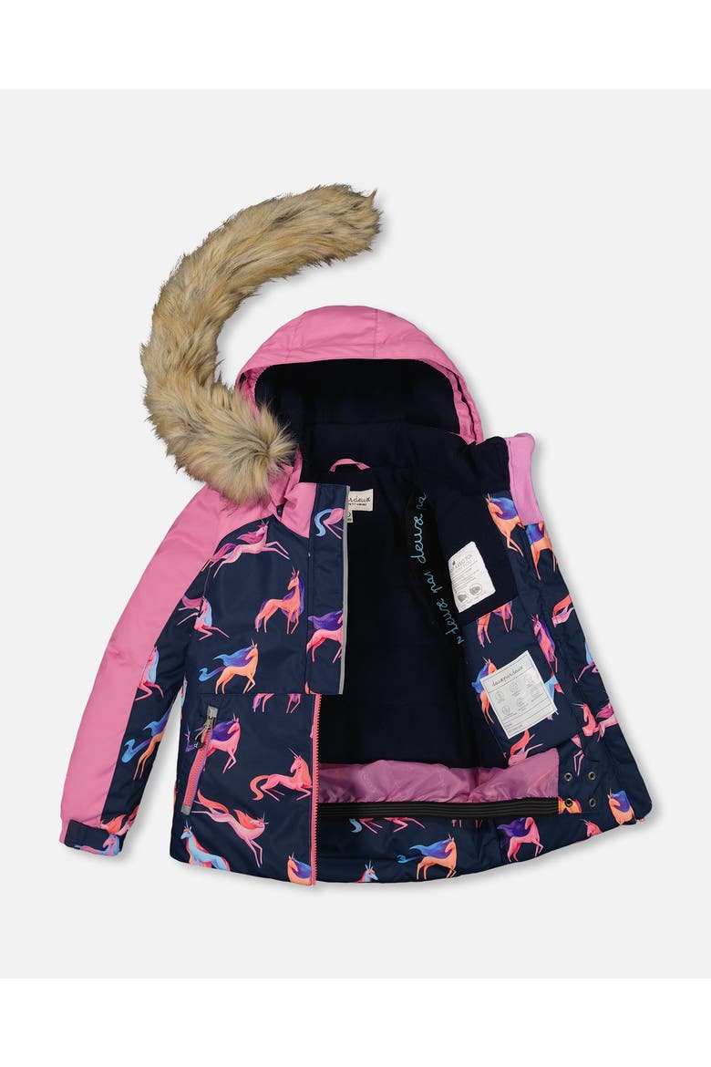 Little Girl's Two Piece Snowsuit Mauve Printed Unicorns, Alternate, color, Crocus