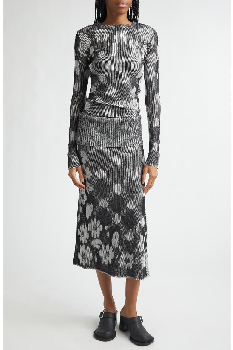 Illusion Floral Jacquard Rib Sweater Skirt, Alternate, color, BLACK/ WHITE