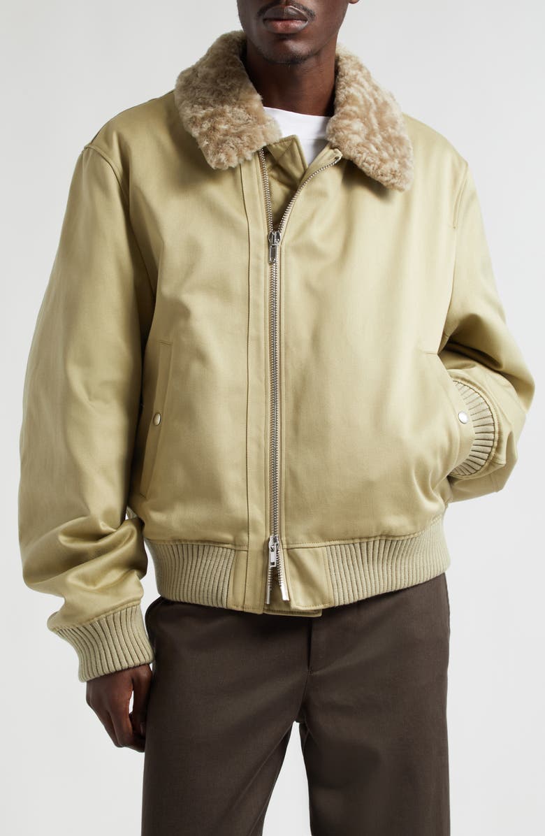 Burberry Cotton Sateen Bomber Jacket with Genuine Shearling Collar, Main, color,