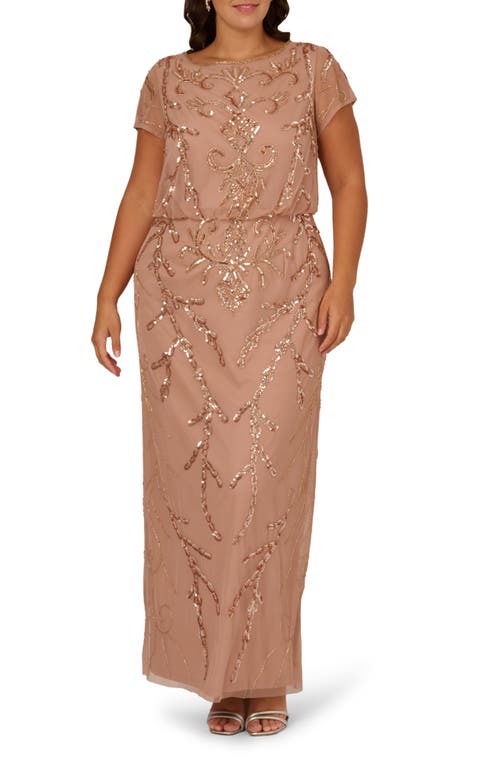 Adrianna Papell Beaded Mesh Blouson Gown In Brown