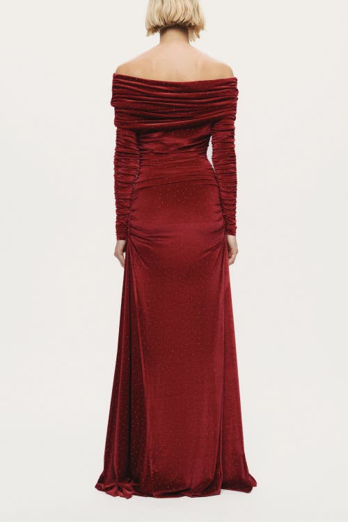 Nocturne Off-shoulder Velvet Maxi Dress With Rhinestone Detail In Red