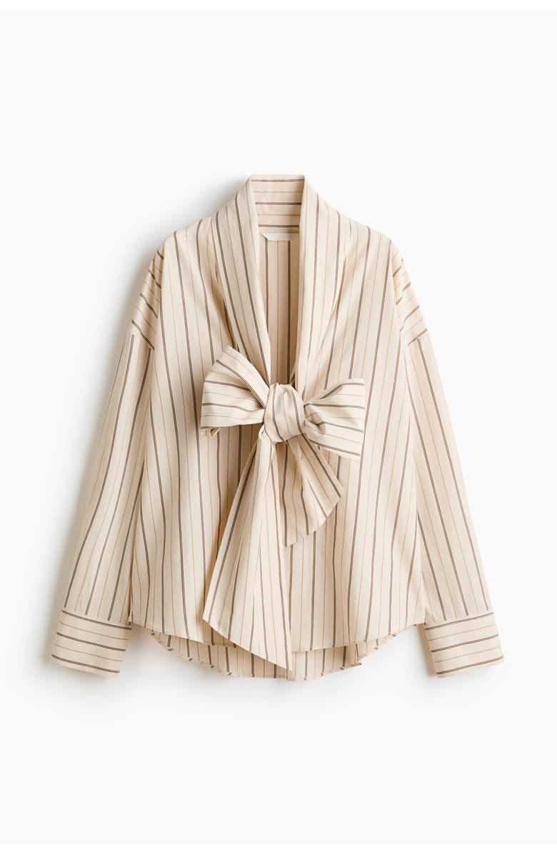 H&M Tie-front Poplin Shirt, Main, color, Light Beige/Striped