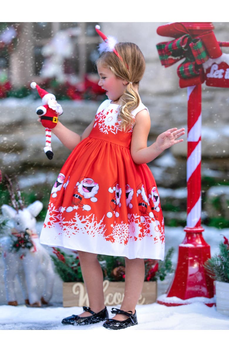 Mia Belle Girls Fun With Santa Holiday Scene Dress, Alternate, color, Red