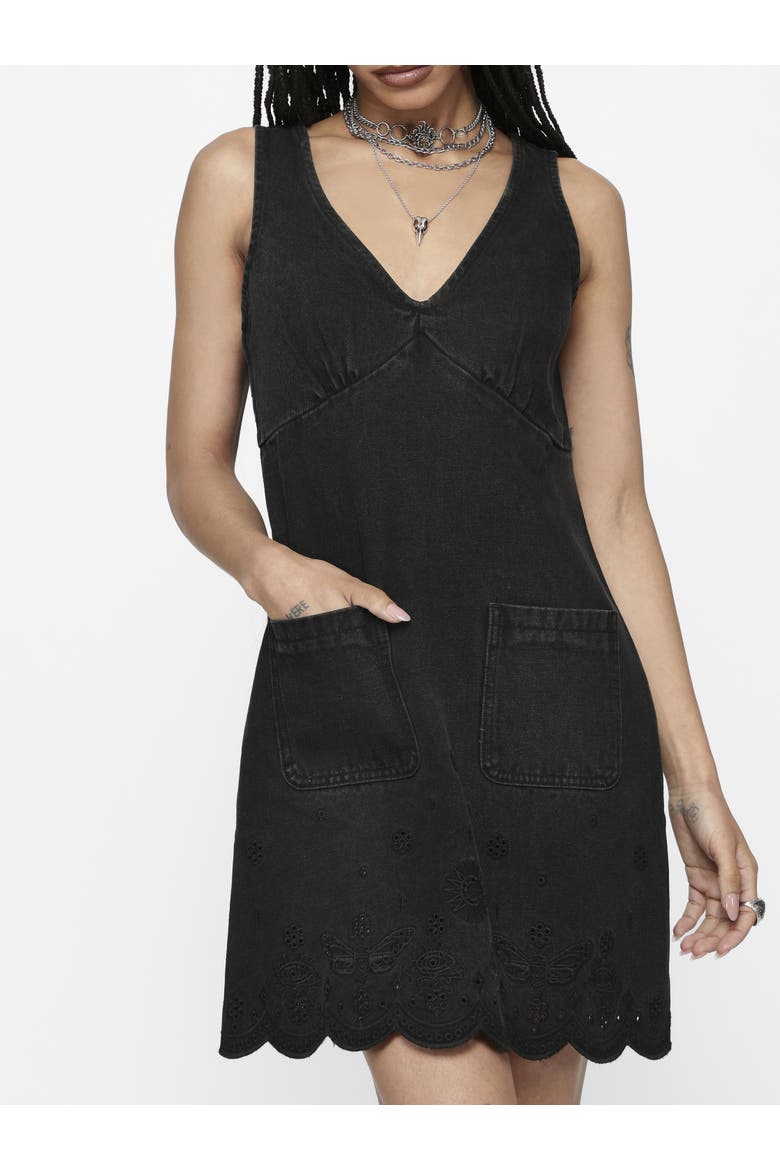 Ayr Broderie Denim Pinafore Dress, Main, color, Black