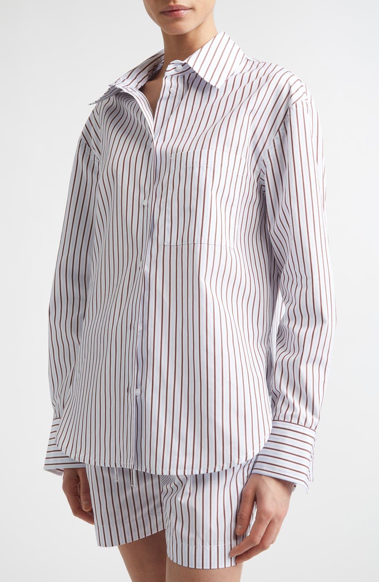 LOULOU DE SAISON Maud Stripe Oversize Cotton Poplin Button-Up Shirt, Alternate, color, Dark Red/ Light Blue