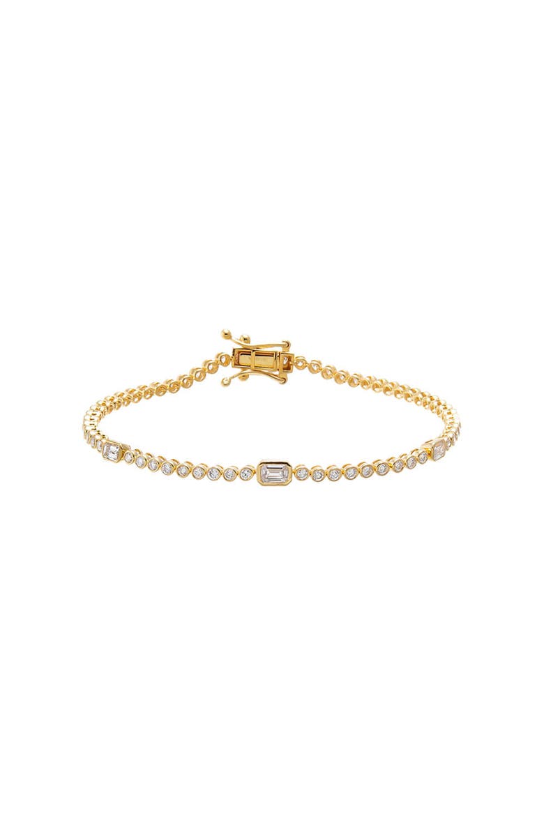 Lab Grown Diamond Bezel Multi Emerald Accent Tennis Bracelet, Main, color, Gold