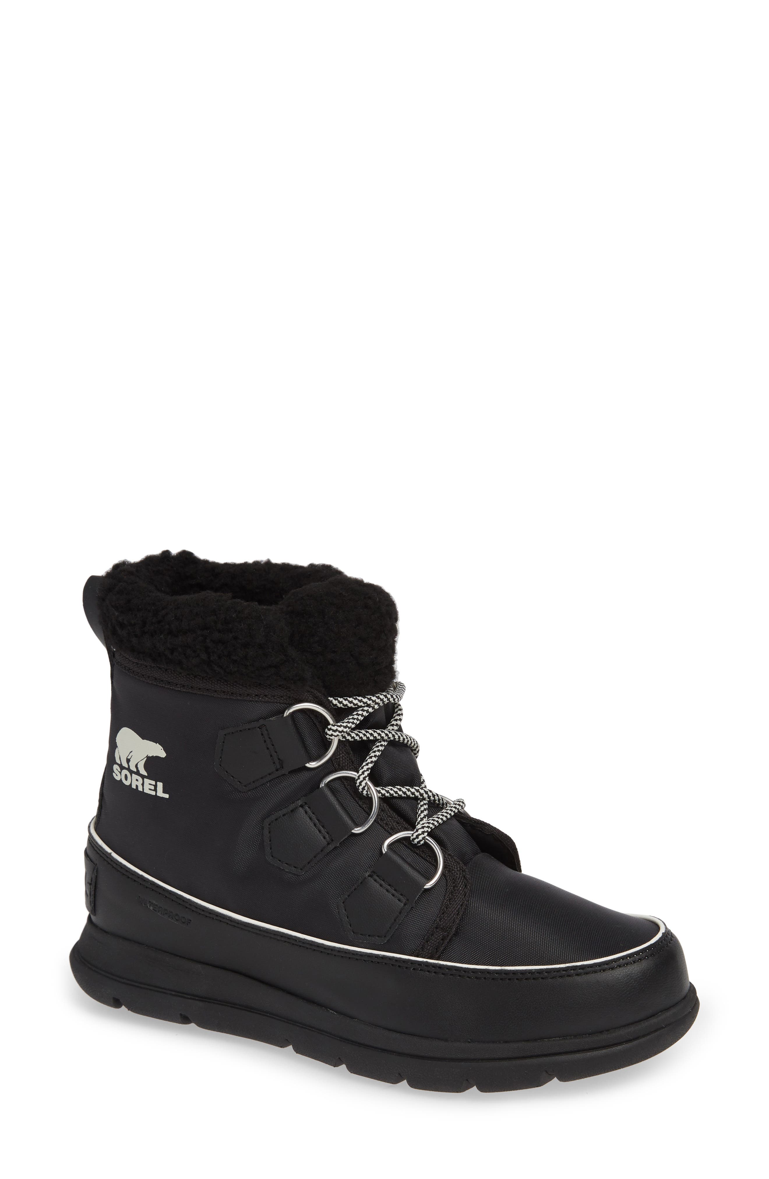Explorer Carnival Waterproof Boot with Faux Fur Collar, Main, color, BLACK/ SEA SALT