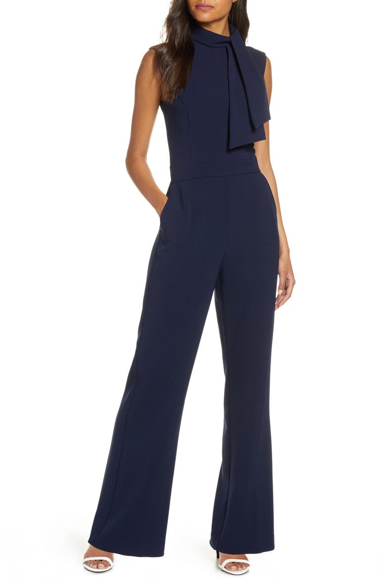 Scarf Neck Crepe Jumpsuit, Main, color, NAVY