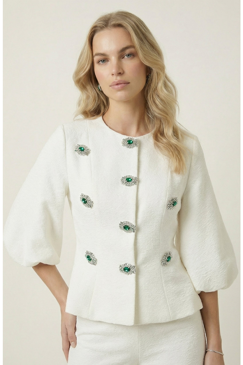 Embellished Puff Sleeve Button Jacket, Main, color, Cream