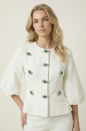 Modenaire Embellished Puff Sleeve Button Jacket