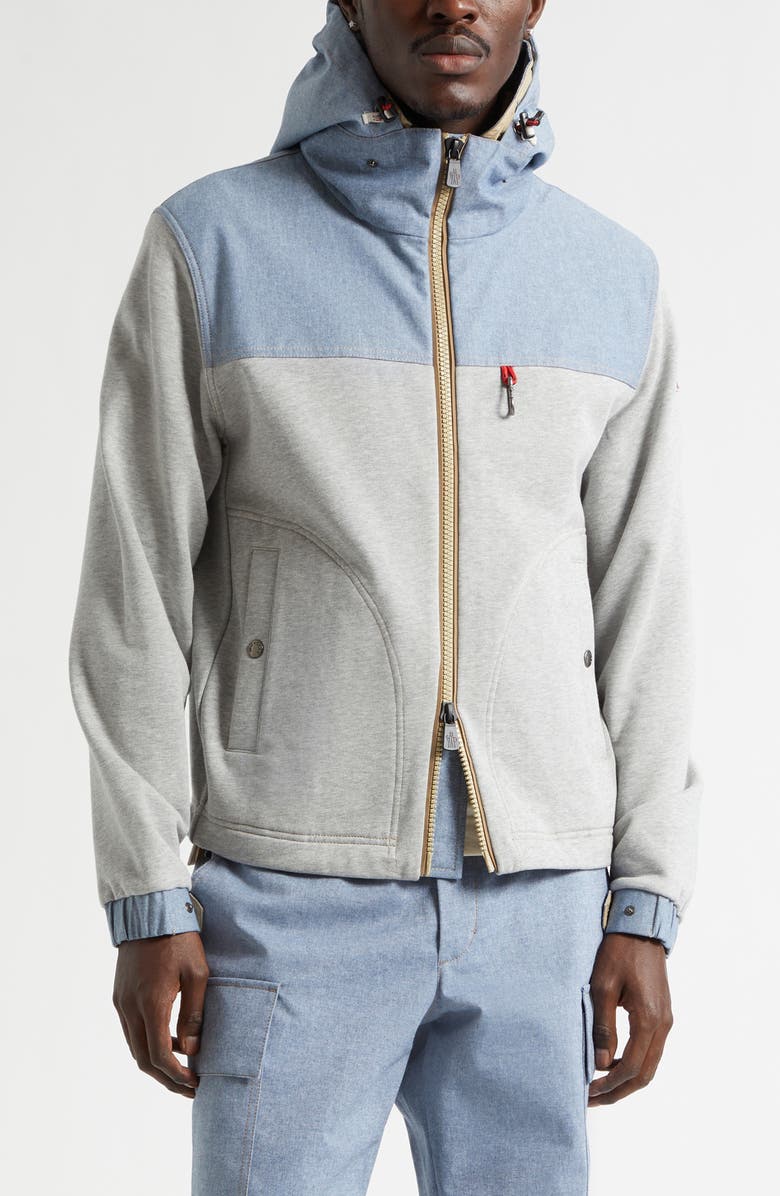 Moncler Grenoble Cotton Fleece & Chambray Zip Sweatshirt, Main, color, Grey Melange