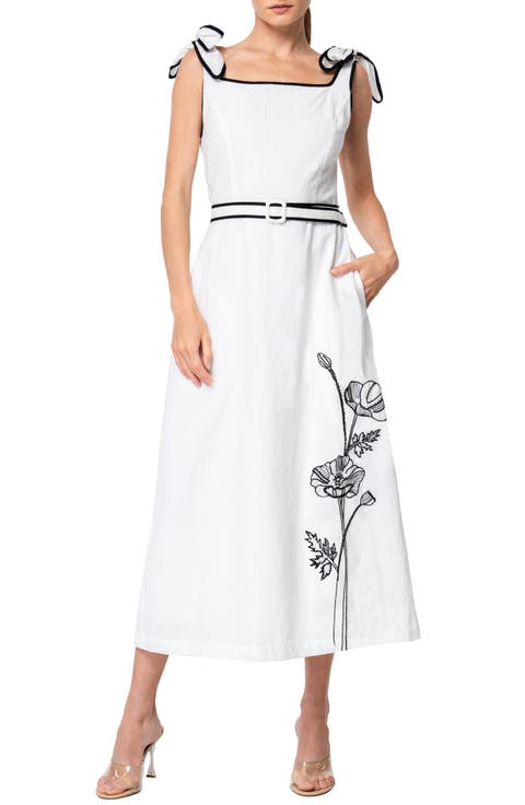 Paola Embroidered Shoulder Tie Midi Dress