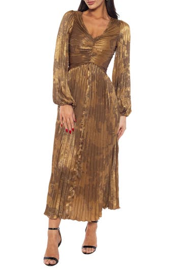 Marina Long Sleeve Pleated Dress In Brown
